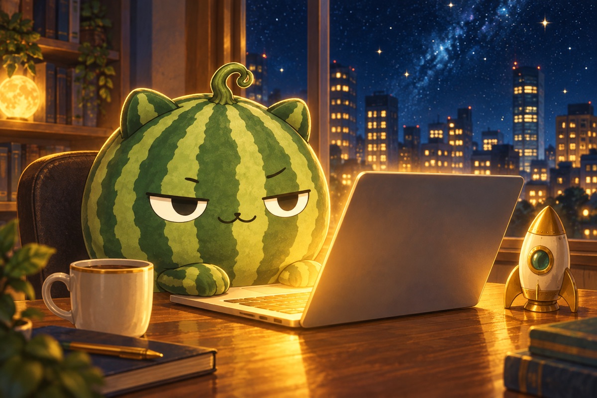 夜の机でノートパソコンを開くスイカ猫