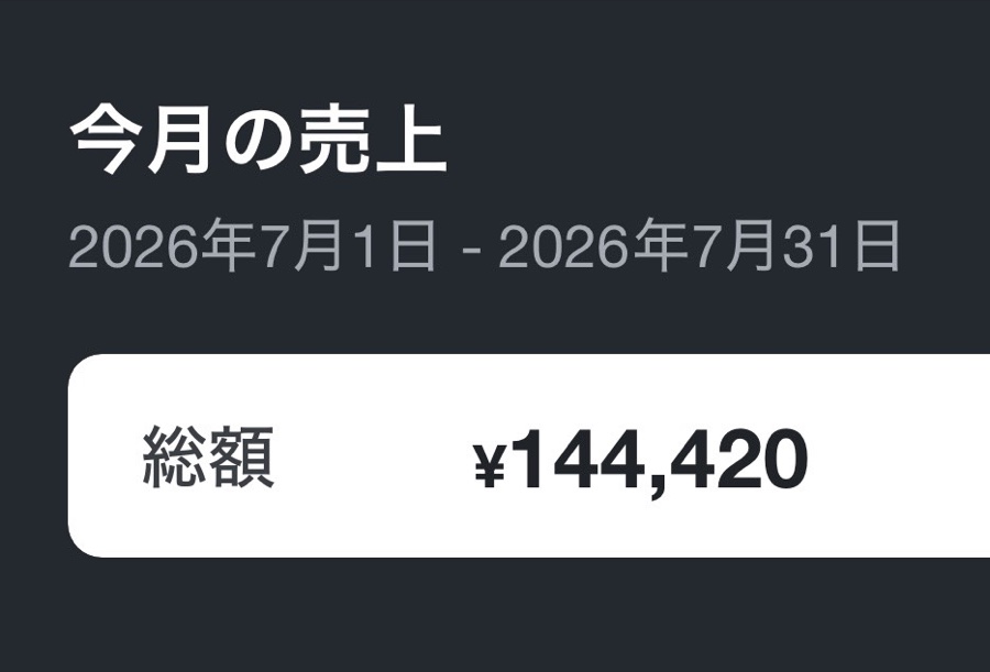 noteの今月の売上。2026年7月1日〜31日、総額144,420円